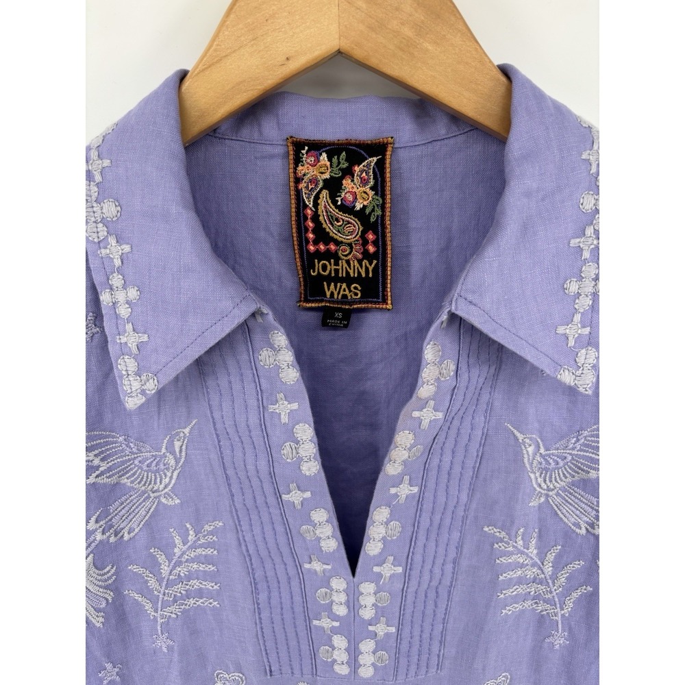 NWOT Johnny Was Linen Henley Collared Dress Sz XS Embroidered Boho Preppy $275 - Picture 10 of 15